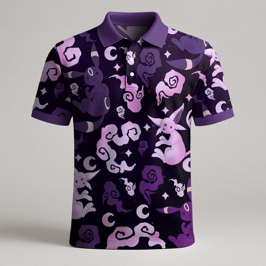 Umbreon and Espeon Polo Shirt, Summer Button-Up, Purple Hawaiian Shirt, Vintage Style for Men and Women, Umbreon Shirt Gift