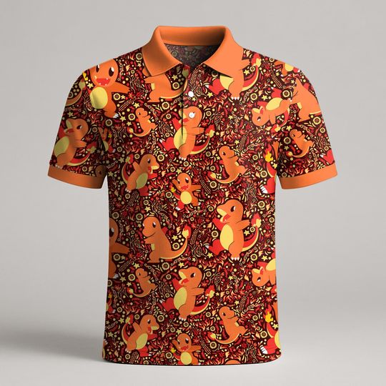 Charmander Polo Shirt, Cute Kawaii Dragon Polo Shirt, Funny Mens Polo Shirt Pattern, Vintage Summer Shirt Gift