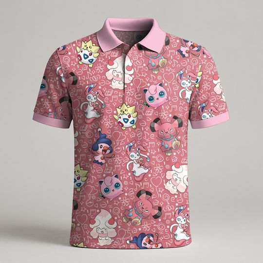 Togepi Jigglypuff Polo Shirt, Cute Music Pattern Polo, Kawaii Summer Shirt, Funny Togepi Shirt Gift