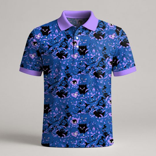Gengar Mimikyu Polo Shirt, Cute Ghost Pattern Polo, Funny Spooky Kawaii Shirt, Summer Polo Shirt, Gengar Gifts