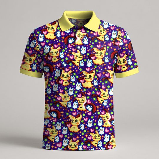 Mimikyu Polo Shirt, Ghost Polo with Colorful Pattern, Cute Kawaii Polo for Summer, Funny Shirt Gift