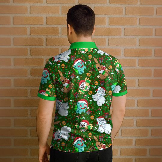 Vulpix Bulbasaur Polo Shirt, Unisex Green Holiday Polo with Cute Character Pattern, Kawaii Summer Polo Top, Funny Shirt Gift
