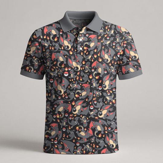 Charizard Charmander Polo Shirt, Fire Dragon Pattern Polo for Men Women, Kawaii Flame Shirt, Cute Summer Polo, Funny Gift