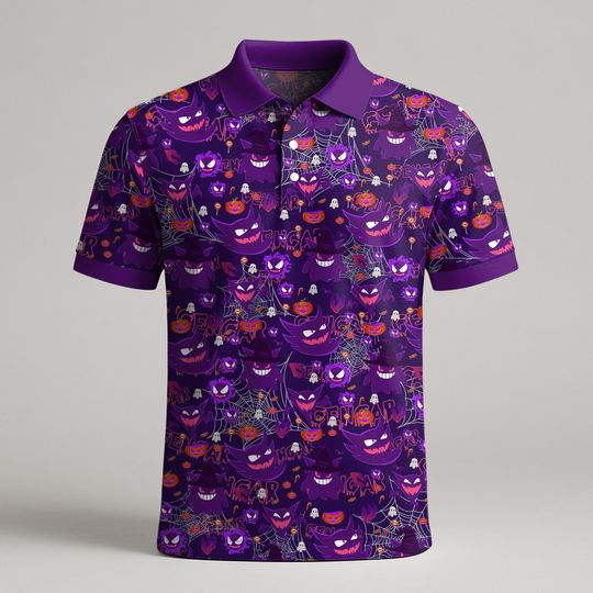 Gengar Polo Shirt, Cute Gengar Pattern Shirt, Funny Kawaii Polo for Men, Summer Shirt, Gengar Gift