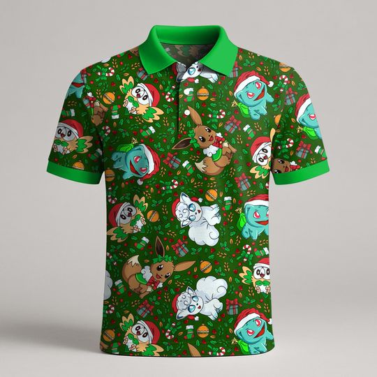 Vulpix Bulbasaur Polo Shirt, Unisex Green Holiday Polo with Cute Character Pattern, Kawaii Summer Polo Top, Funny Shirt Gift