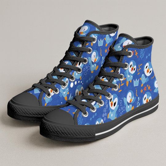 Piplup High Top Shoes, Cute Blue Penguin Pattern Sneakers, Kawaii Anime Shoes, Piplup Shoe Gifts