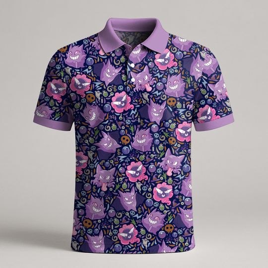 Gengar Polo Shirt, Cute Ghost Pattern Polo, Kawaii Funny Summer Shirt