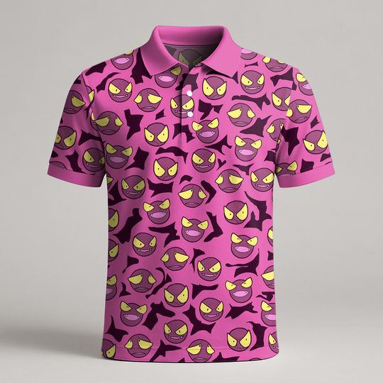 Gastly Polo Shirt, Cute Ghost Pattern Shirt, Funny Kawaii Polo for Men, Summer Polo, Gengar Gastly Gift