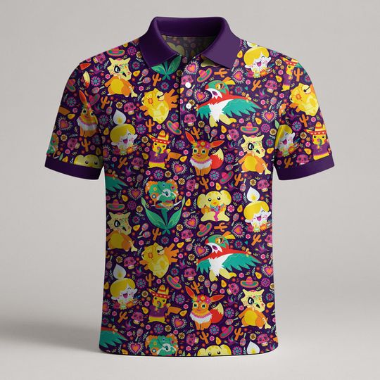 Cubone Eevee Polo Shirt, Unisex Colorful Polo with Cute Festival Pattern, Kawaii Summer Polo Top, Funny Gift Shirt