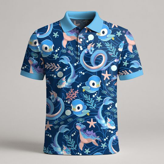 Piplup Polo Shirt, Cute Kawaii Summer Polo for Men Women, Funny Vintage Style Pattern Polo Shirt, Casual Outfit, Piplup Polo Shirt Gift