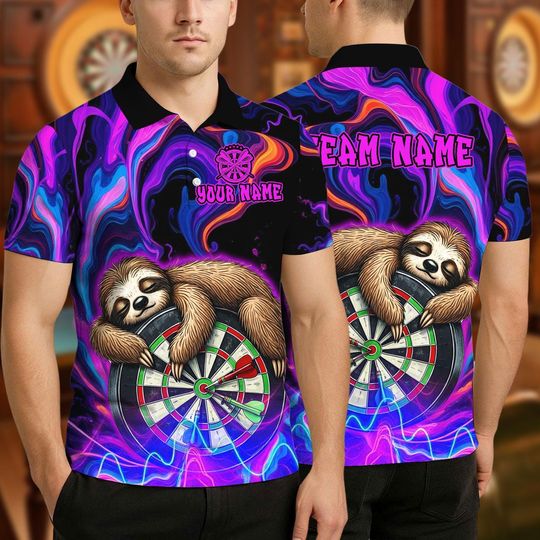Custom Name Dart Polo Shirt, Sleeping Sloth On Dartboard Design, Personalized Team Shirt for Men, Gift for Darts Players