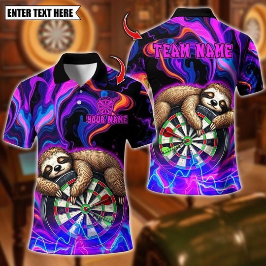 Custom Name Dart Polo Shirt, Sleeping Sloth On Dartboard Design, Personalized Team Shirt for Men, Gift for Darts Players