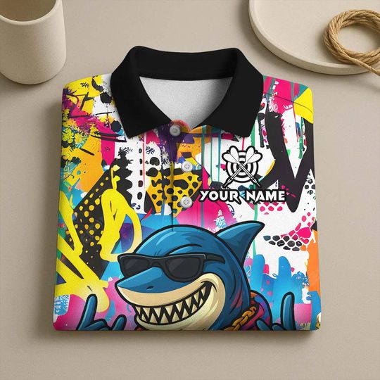 Personalized Name Dart Polo Shirt, HipHop Shark With Dartboard Design ,Custom Team Shirt for Men, Gift for Darts Players