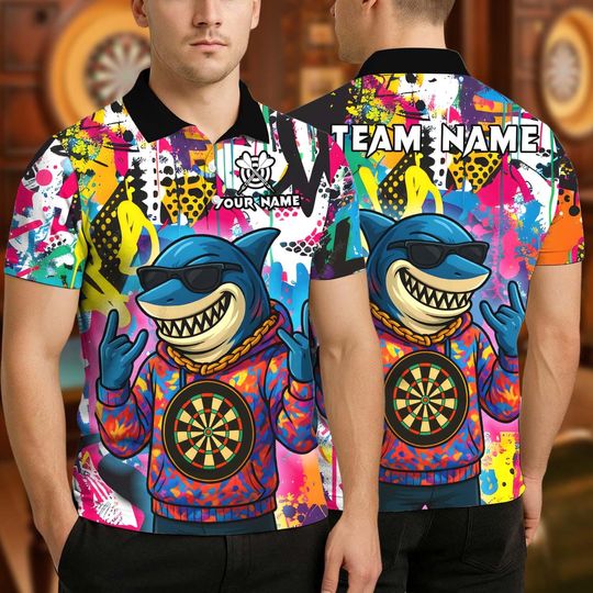 Personalized Name Dart Polo Shirt, HipHop Shark With Dartboard Design ,Custom Team Shirt for Men, Gift for Darts Players