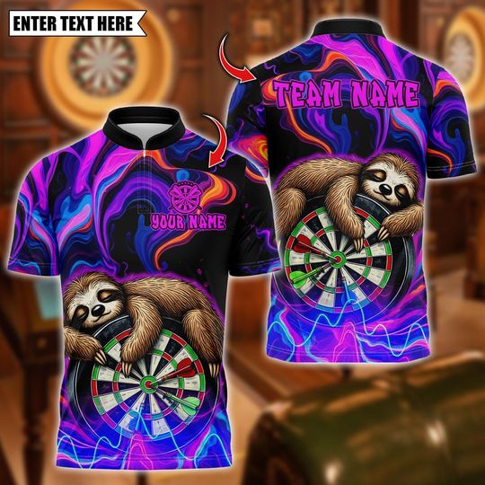 Custom Name Dart Polo Shirt, Sleeping Sloth On Dartboard Design, Personalized Team Shirt for Men, Gift for Darts Players