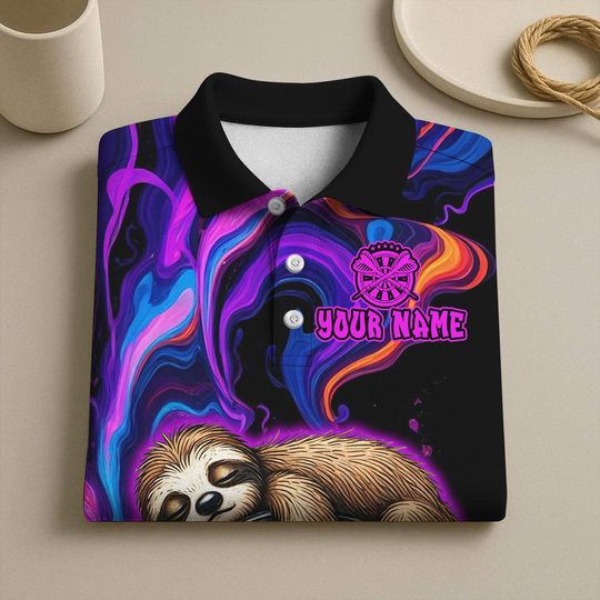 Custom Name Dart Polo Shirt, Sleeping Sloth On Dartboard Design, Personalized Team Shirt for Men, Gift for Darts Players