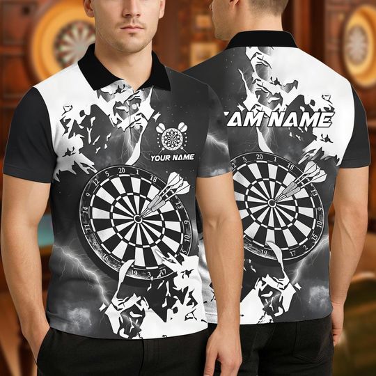 Personalized Name Dart Polo Shirt, Lightning Grunge Dartboard Design ,Custom Team Shirt for Men Women, Gift for Darts Players