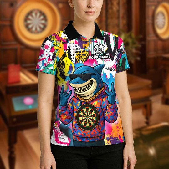 Personalized Name Dart Polo Shirt, HipHop Shark With Dartboard Design ,Custom Team Shirt for Men, Gift for Darts Players