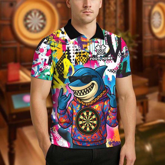 Personalized Name Dart Polo Shirt, HipHop Shark With Dartboard Design ,Custom Team Shirt for Men, Gift for Darts Players