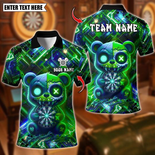 Personalized Name Dart Polo Shirt, Scary Teddy Bear Dartboard Design, Custom Team Shirt for Men, Gift for Darts Players