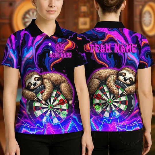 Custom Name Dart Polo Shirt, Sleeping Sloth On Dartboard Design, Personalized Team Shirt for Men, Gift for Darts Players