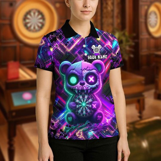 Personalized Name Dart Polo Shirt, Scary Teddy Bear Dartboard Design, Custom Team Shirt for Men, Gift for Darts Players