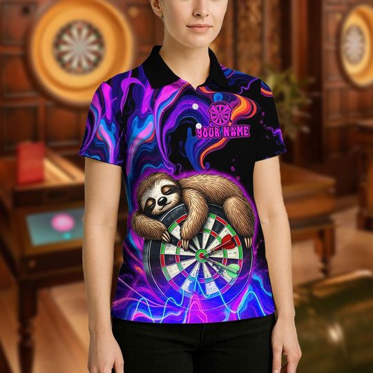 Custom Name Dart Polo Shirt, Sleeping Sloth On Dartboard Design, Personalized Team Shirt for Men, Gift for Darts Players