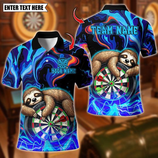 Custom Name Dart Polo Shirt, Sleeping Sloth On Dartboard Design, Personalized Team Shirt for Men, Gift for Darts Players