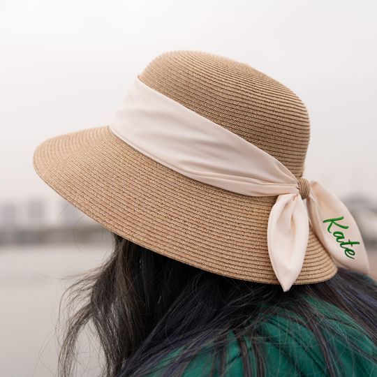 Personalized Name & Flower Bow Ribbon Beach Hat for Bridesmaids & Brides, Honeymoon Gift, Mother's Birthday