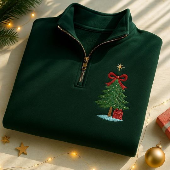Embroidered Christmas Tree Quarter Zip Sweatshirt
