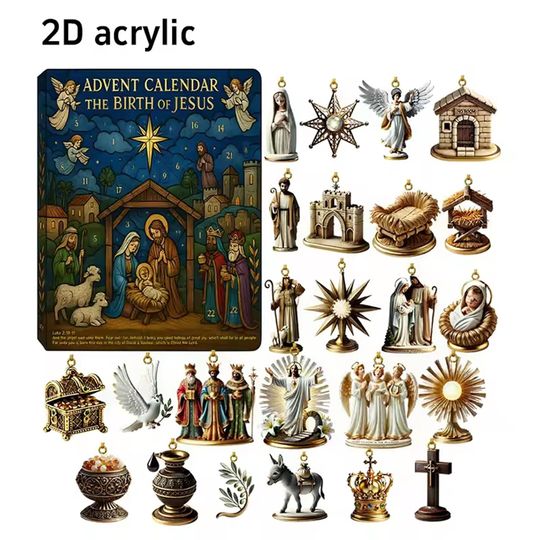 Path To Bethlehem 2025 Advent Calendar, 24 Day Acrylic Hanging Christmas Tree Backpack, Pendant Gift Box, Religious Belief Keychain Gift
