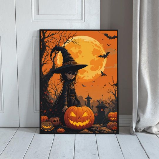 Halloween Creepy Wall Art Poster, Ghosts Pumpkins and Witches