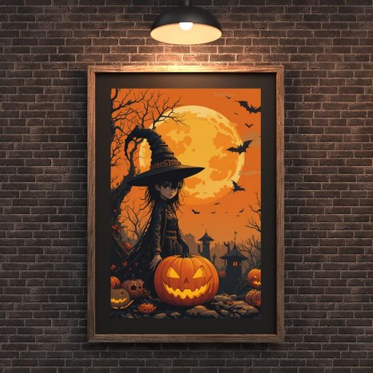 Halloween Creepy Wall Art Poster, Ghosts Pumpkins and Witches
