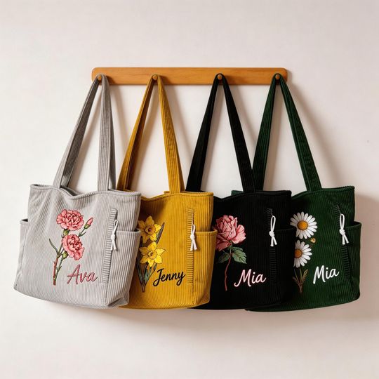 Custom Name Birth Flower Corduroy Tote Bag, Large Capacity Zippered Handbag with Side Pockets, Personalized Gift to Her Mom Bestie Friends
