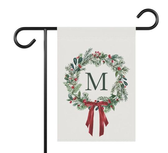 Personalized Christmas Wreath Garden Flag: Holiday Monogram Yard Decor