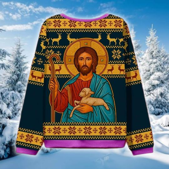 Good Shepherd Jesus Christ Ugly Christmas Sweater, Religious Icon Holiday Sweatshirt, Christian Faith Xmas Gift