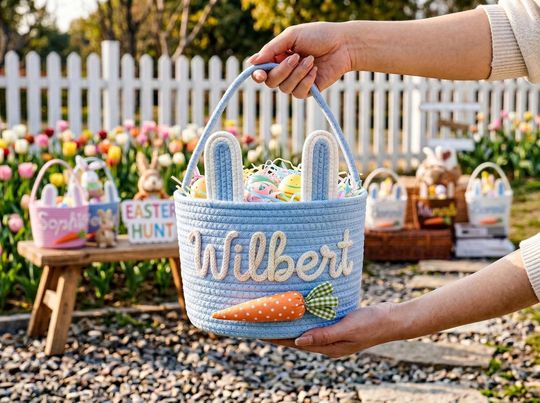 Personalized Easter Basket with Bunny Ears, Handwoven Cotton Rope For Kids Egg Hunt