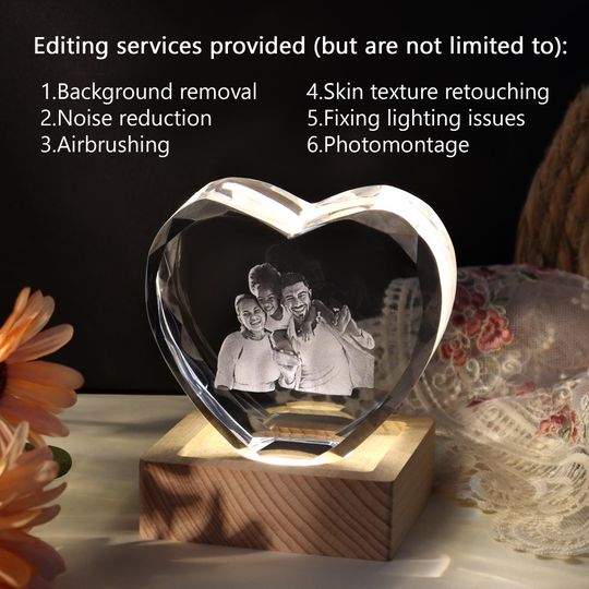 Personalized 3D Crystal Photo Heart/with Light Base, Laser Engraved Etched Portrait Crystal Brick Cube, Anniversary Gift, Father's Day Gift