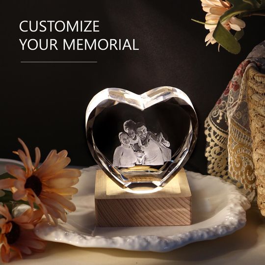 Personalized 3D Crystal Photo Heart/with Light Base, Laser Engraved Etched Portrait Crystal Brick Cube, Anniversary Gift, Father's Day Gift
