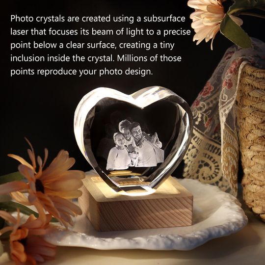 Personalized 3D Crystal Photo Heart/with Light Base, Laser Engraved Etched Portrait Crystal Brick Cube, Anniversary Gift, Father's Day Gift