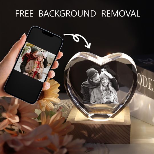 Personalized 3D Crystal Photo Heart/with Light Base, Laser Engraved Etched Portrait Crystal Brick Cube, Anniversary Gift, Father's Day Gift