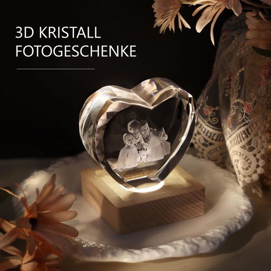 Personalized 3D Crystal Photo Heart/with Light Base, Laser Engraved Etched Portrait Crystal Brick Cube, Anniversary Gift, Father's Day Gift