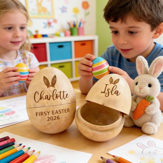 Personalized Wooden Easter Egg: Engraved Hollow Egg Decor 2026 Custom Name Gift