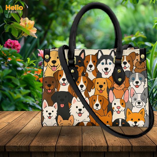 Cartoon Dog Handbag, Dog Faux Leather Tote Bag, Dog Lover Gift, Husky, Golden Retriever, Beagle, Poodle, Corgi, Shiba, Chihuahua
