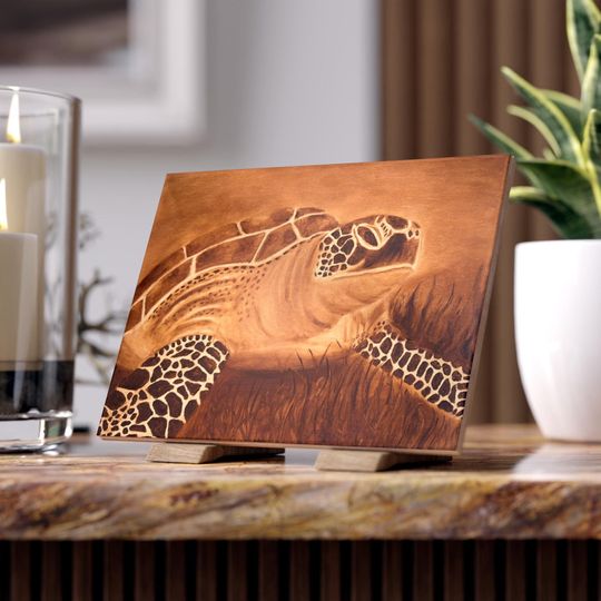 Ocean Turtle Ceramic Photo Tile, Beach Decor, Sea Life Gift