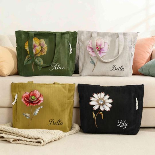Personalized Name Retro Gemstone Birth Flower Corduroy Tote Bag | Large Capacity Zippered Handbag with Side Pockets Birthday Gift for Women