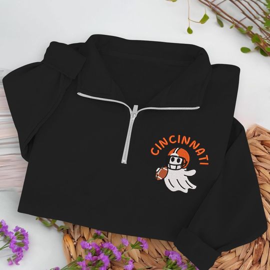 Embroidered Cincinnati Ghost Football Quarter Zip Sweatshirt: Cozy Game Day, Halloween Pullover