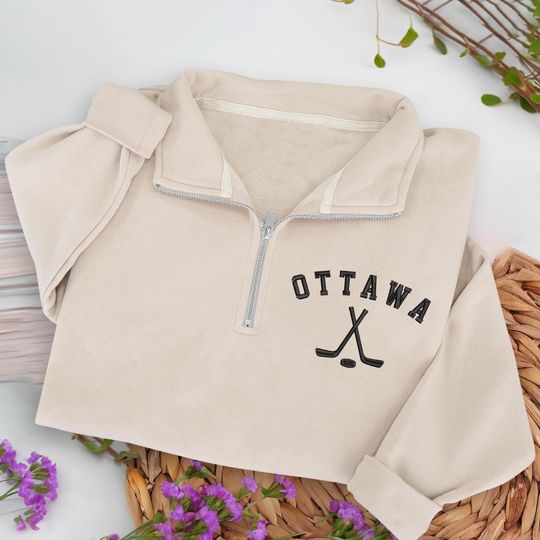 Ottawa Hockey Embroidered Quarter Zip Sweatshirt, Cozy Cotton Blend Pullover