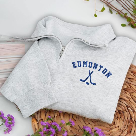 Edmonton Hockey Embroidered Quarter Zip Sweatshirt, Cozy Cotton Blend Pullover