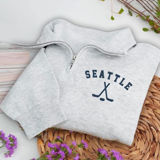 Seattle Hockey Embroidered Quarter Zip Sweatshirt, Cozy Cotton Blend Pullover
